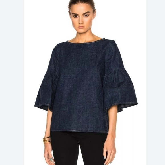 {4} SUNO Denim Trumpet Bell Flared Sleeve Top Gilt Group - Picture 1 of 8